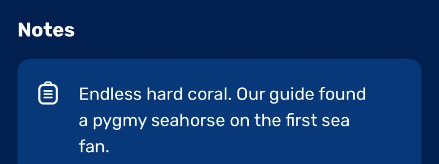 Dive notes: Endless hard coral. Our guide found a pygmy seahorse on the first sea fan.