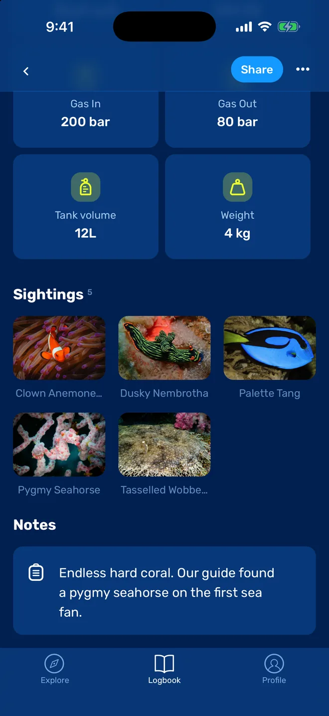 Gas in and out, tank volume, weight, five species sightings and notes on a logged dive