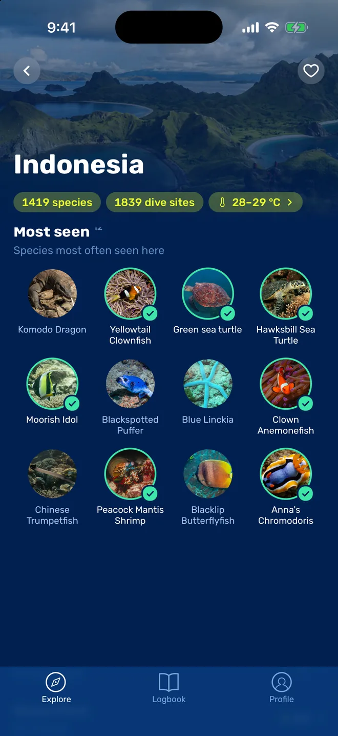 Indonesia page with 1419 species, 1839 dive sites and the most seen animals